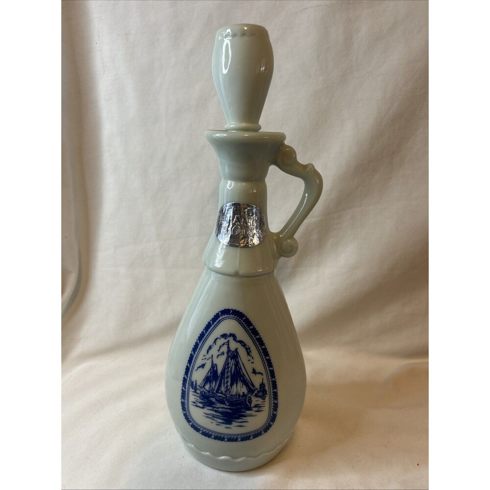 VTG 1963 Jim Beam Blue Sailing Ship White Empty Whiskey Decanter With Stopper